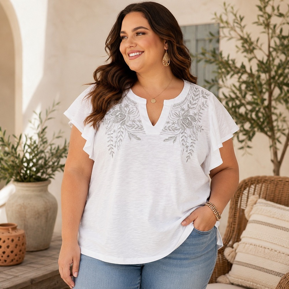 Talbots Womens Embroidered Flutter Sleeve Top Plus Size 2X Petite Cotton Boho